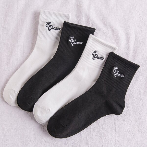 

4pairs Letter Embroidered Socks, Black and white
