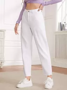 SHEIN Essnce 毛邊媽媽牛仔褲 - 白色 - 查看 1