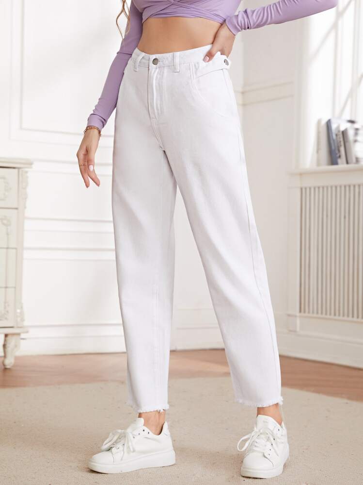 SHEIN Essnce 毛邊媽媽牛仔褲 - 白色 - 查看 1