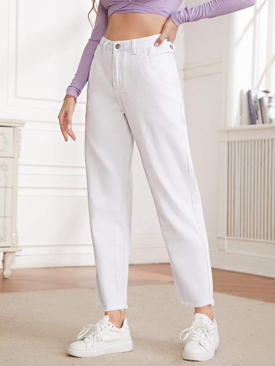 SHEIN Essnce 毛邊媽媽牛仔褲 - 白色 - 查看 1