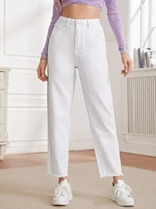 SHEIN Essnce 毛邊媽媽牛仔褲 - 白色 - 查看 4