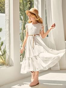 SHEIN Niñas Vestido con encaje en contraste bajo con fruncido sin cinturón - Beis - Ver 2