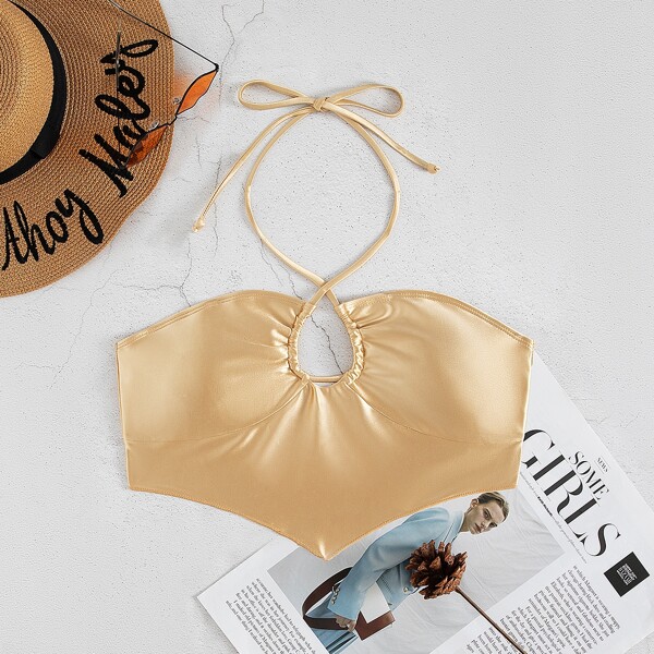

Hanky Hem Criss Cross Halter Tankini Top, Champagne