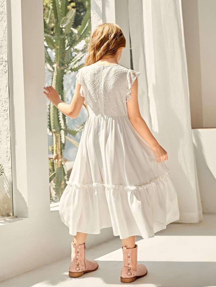 SHEIN 女孩蕾絲拼接荷葉邊不附腰帶洋裝 - 米色 - 查看 3