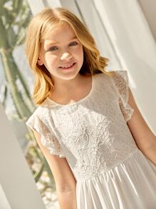 SHEIN Niñas Vestido con encaje en contraste bajo con fruncido sin cinturón - Beis - Ver 5