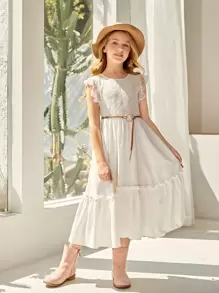 SHEIN Niñas Vestido con encaje en contraste bajo con fruncido sin cinturón - Beis - Ver 1