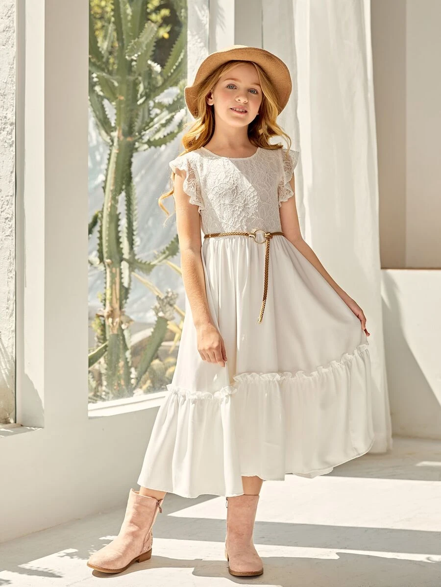 SHEIN Niñas Vestido con encaje en contraste bajo con fruncido sin cinturón - Beis - Ver 1