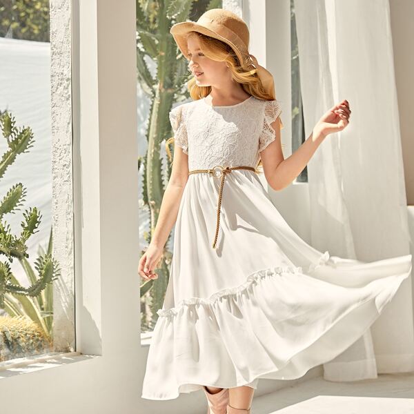 

Girls Contrast Lace Ruffle Hem Dress Without Belt, Beige