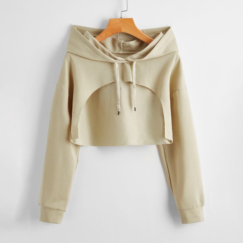 

Solid Cut Out Drawstring Hooded Sweatshirt, Khaki