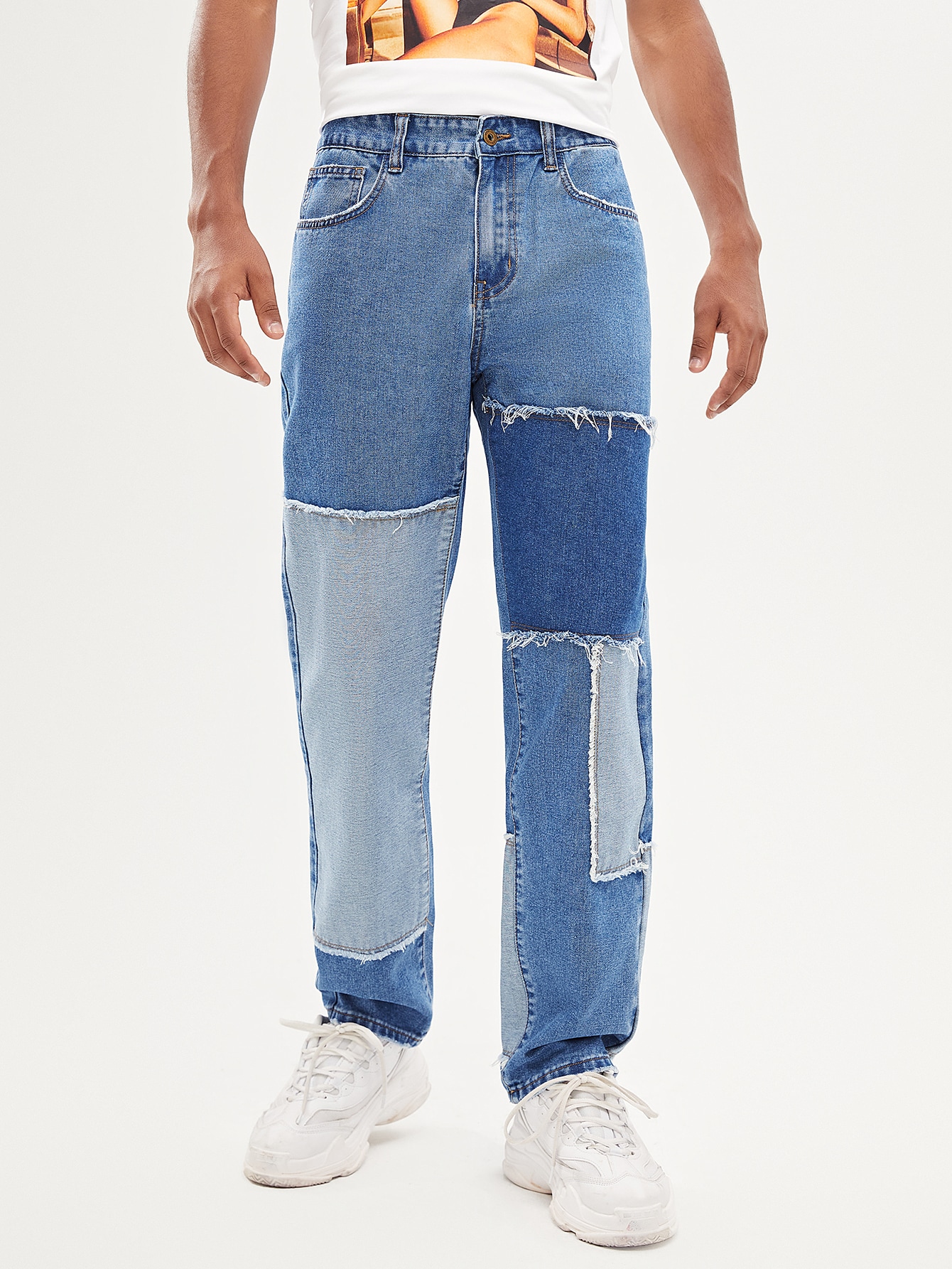 SHEIN Men Patchwork Frayed Washed Jeans 