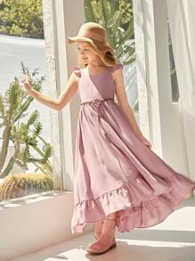 SHEIN 女孩荷葉邊繫腰帶連衣裙 - 藕粉色 - 查看 1