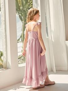 SHEIN 女孩荷葉邊繫腰帶連衣裙 - 藕粉色 - 查看 2