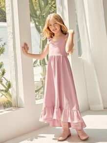 SHEIN 女孩荷葉邊繫腰帶連衣裙 - 藕粉色 - 查看 4