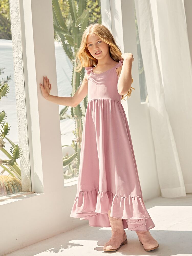 SHEIN Niñas Vestido con cinturón ribete con fruncido - Rosa vieja - Añade 4