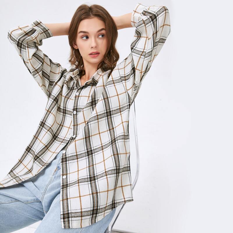 

Plaid Button Front Blouse, Beige