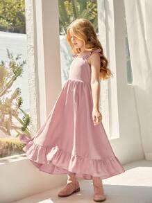 SHEIN 女孩荷葉邊繫腰帶連衣裙 - 藕粉色 - 查看 5