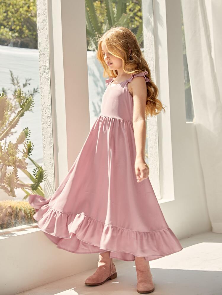 SHEIN Niñas Vestido con cinturón ribete con fruncido - Rosa vieja - Añade 5