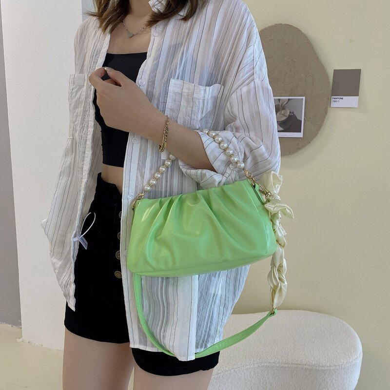 

Faux Pearl Decor Ruched Design Shoulder Bag, Green