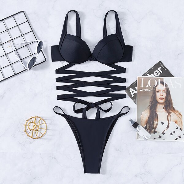 

Solid Push Up Thong Bikini Swimsuit, Black