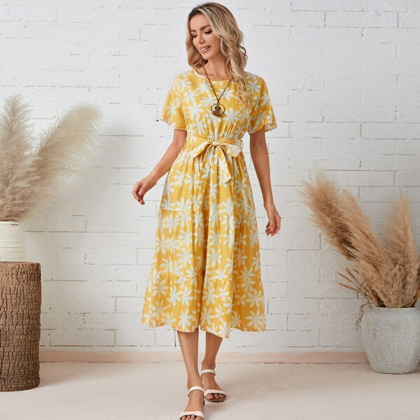 

Floral Print Belted A-Line Dress, Yellow