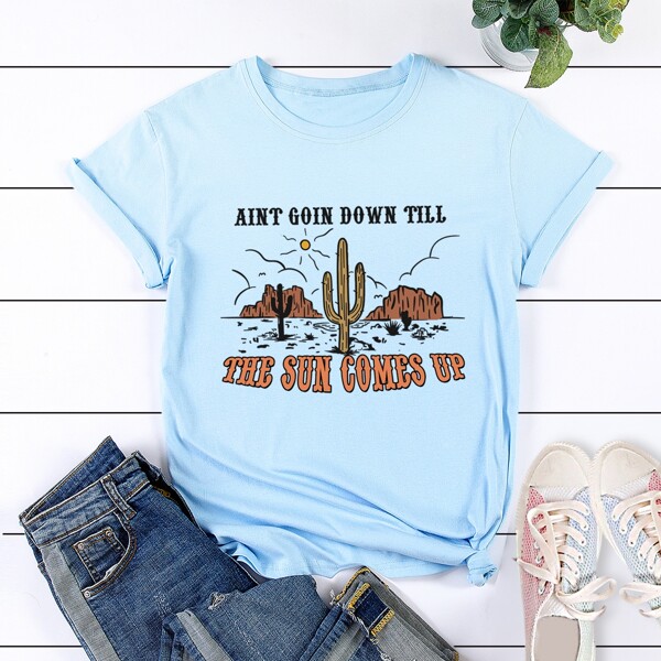 

Cactus & Slogan Graphic Tee, Baby blue