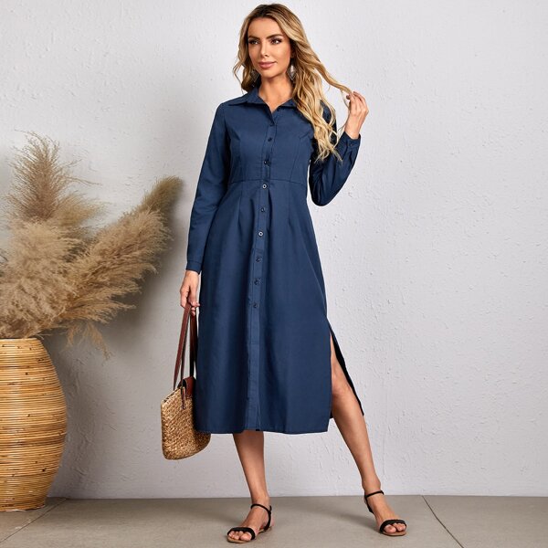 

Solid Split Thigh Shirt Dress, Navy blue