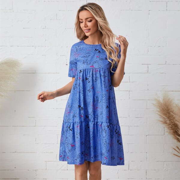 

Cartoon Graphic Ruffle Hem Smock Dress, Blue