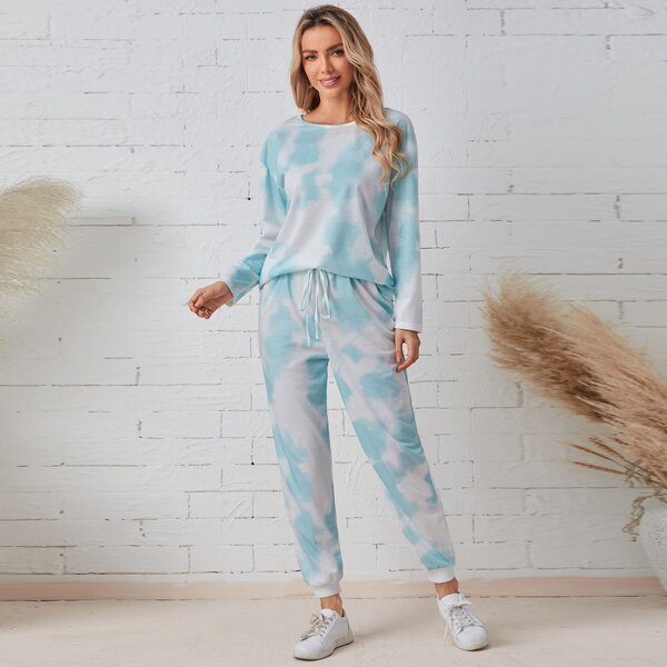 

Tie Dye Drop Shoulder Tee & Drawstring Waist Sweatpants, Blue and white