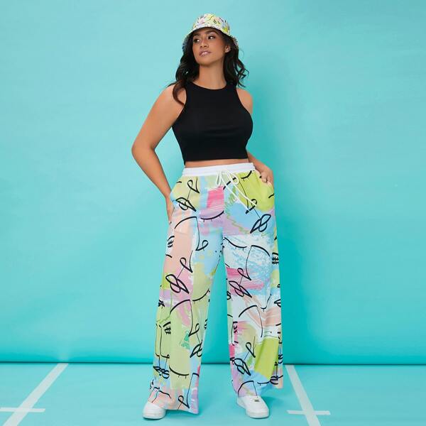 

Plus Graphic Print Color Block Slant Pocket Sweatpants, Multicolor