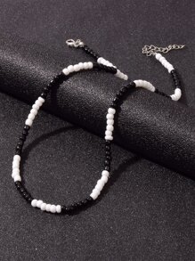 時尚流行男士雙色串珠項鍊，適合珠寶禮物和時尚外觀 - 黑與白 - 查看 2