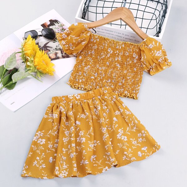 

Girls Floral Print Shirred Top & Skirt, Yellow