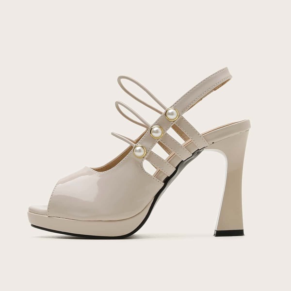 

Faux Pearls Decor Slingback Heeled Sandals, Beige