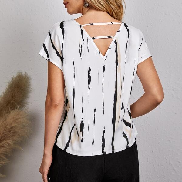 

Cut Out V Back Tie Dye Blouse, White