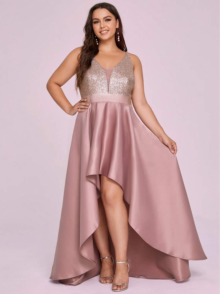 Plus Sequin Bodice High Low Asymmetrical Hem Bridesmaid Dress - Dusty Pink - View 5