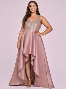 Plus Sequin Bodice High Low Asymmetrical Hem Bridesmaid Dress - Dusty Pink - View 6