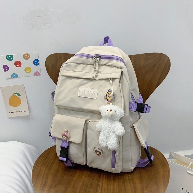 

Pocket Front Backpack With Bag Charm, Beige