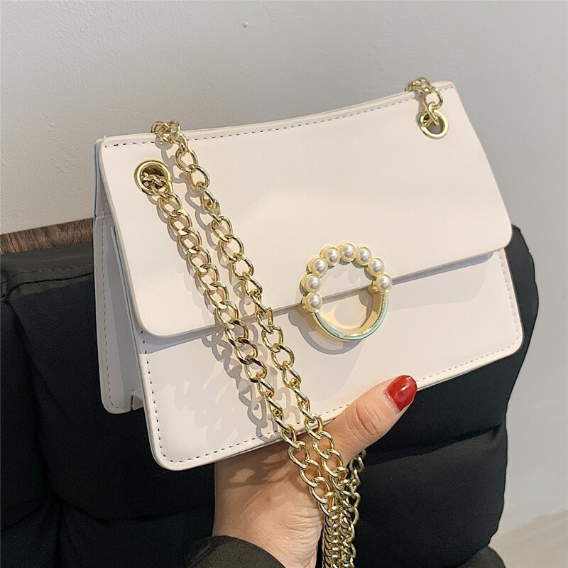 

Faux Pearl Decor Flap Shoulder Bag, White