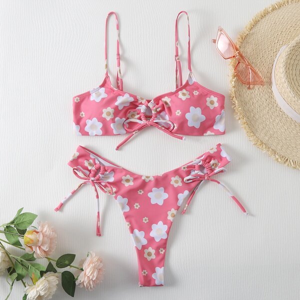 

Floral High Cut Tie Side Bikini Swimsuit, Multicolor