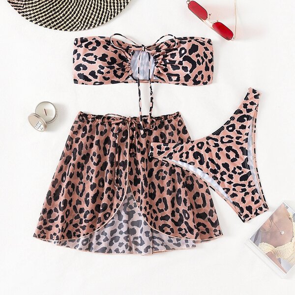 

3pack Leopard Bandeau High Cut Bikini Swimsuit & Beach Skirt, Multicolor
