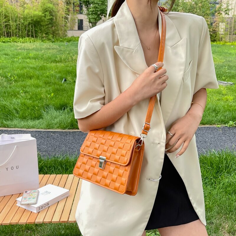

Metal Push Lock Quilted Crossbody Bag, Orange