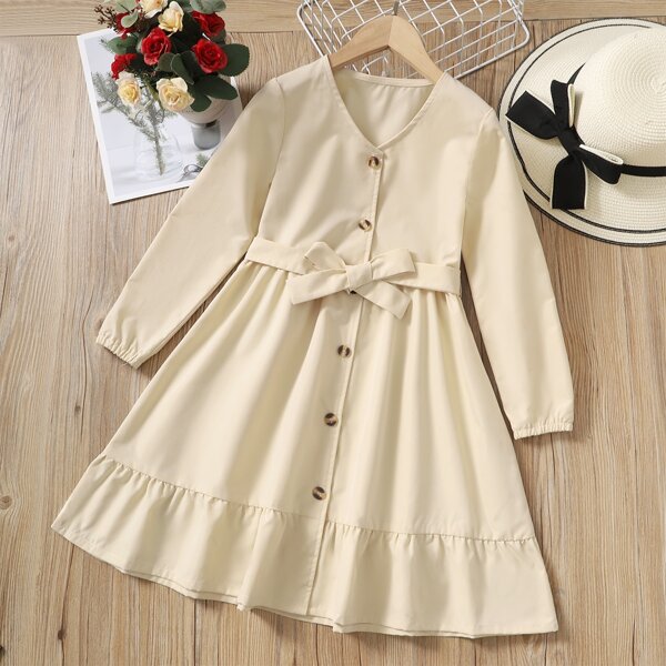 

Girls Ruffle Hem Button Through Belted Dress, Apricot