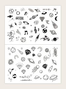 纹身贴纸套装，2 张星球图案女士临时纹身，成人混合纹身贴纸，逼真的假纹身，适合男士、女士和女孩 - 黑色 - 查看 2