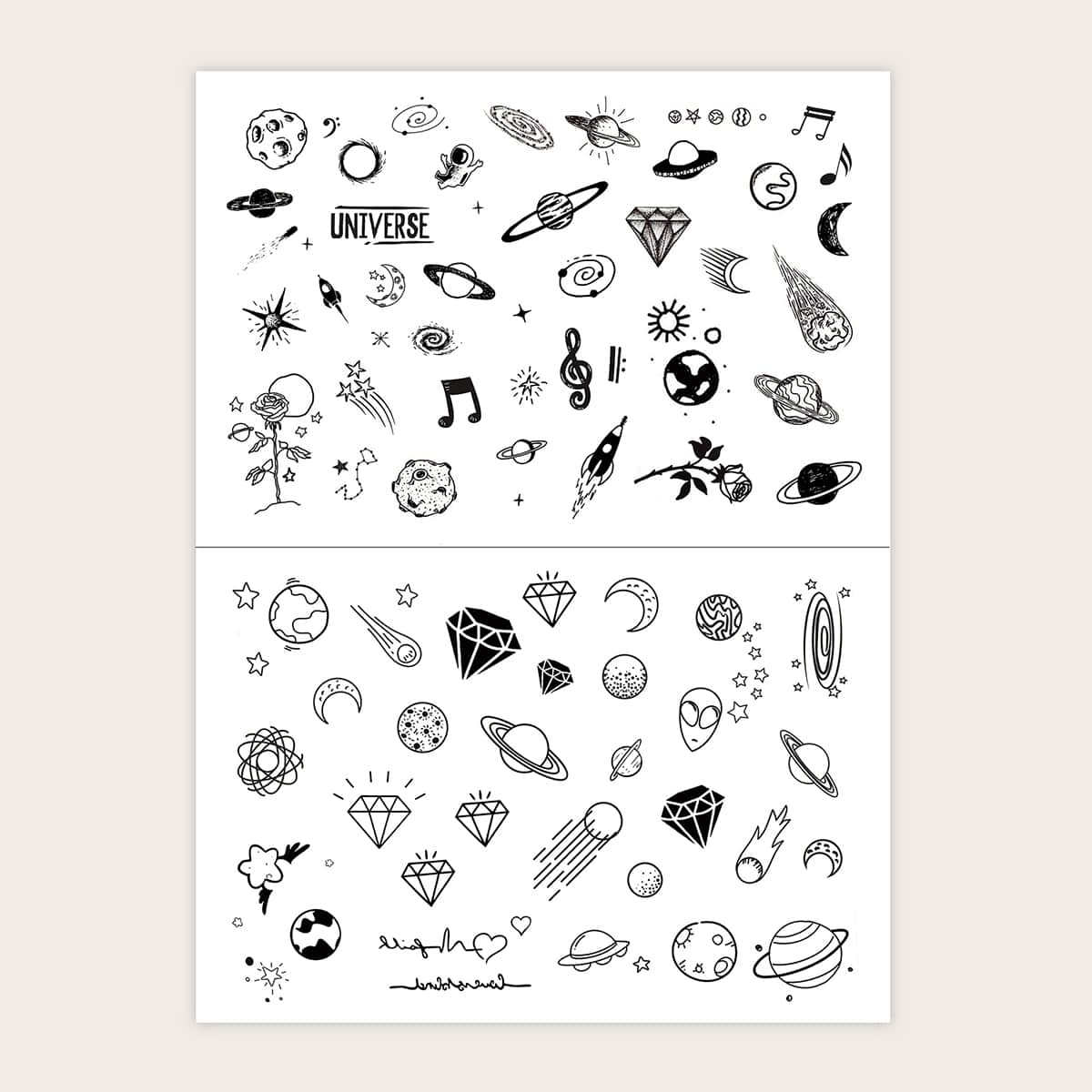

2sheets Planet Pattern Tattoo Sticker, Black