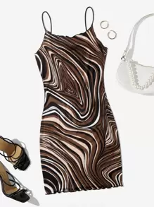 SHEIN Privé 木耳邊大理石圖案緊身連衣裙 - 彩色 - 查看 1