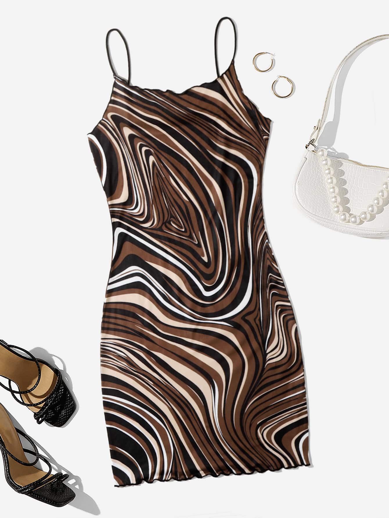 SHEIN Privé 木耳邊大理石圖案緊身連衣裙 - 彩色 - 查看 1