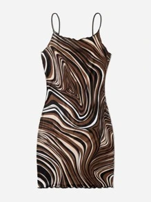 SHEIN Privé 木耳邊大理石圖案緊身連衣裙 - 彩色 - 查看 3