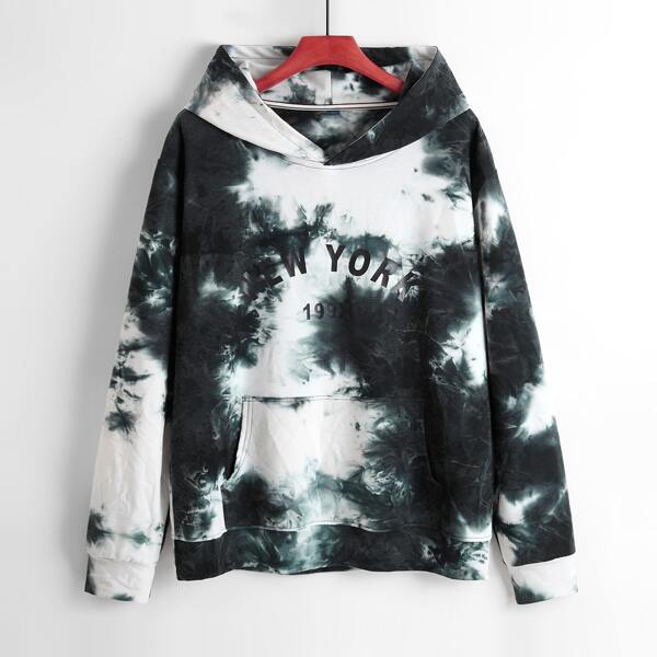 

Men Tie Dye Letter Graphic Hoodie, Black and white
