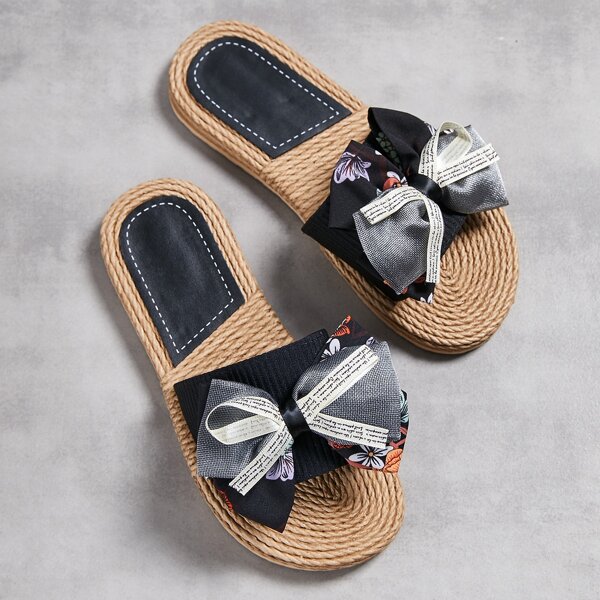 

Letter Graphic Bow Decor Espadrille Slides, Black