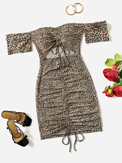 Schulterfreies Kleid mit Leopard Muster und Schnürzug