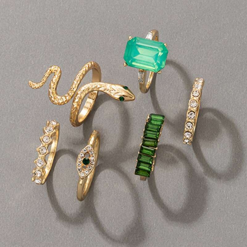 

6pcs Serpentine & Rhinestone Detail Ring, Gold